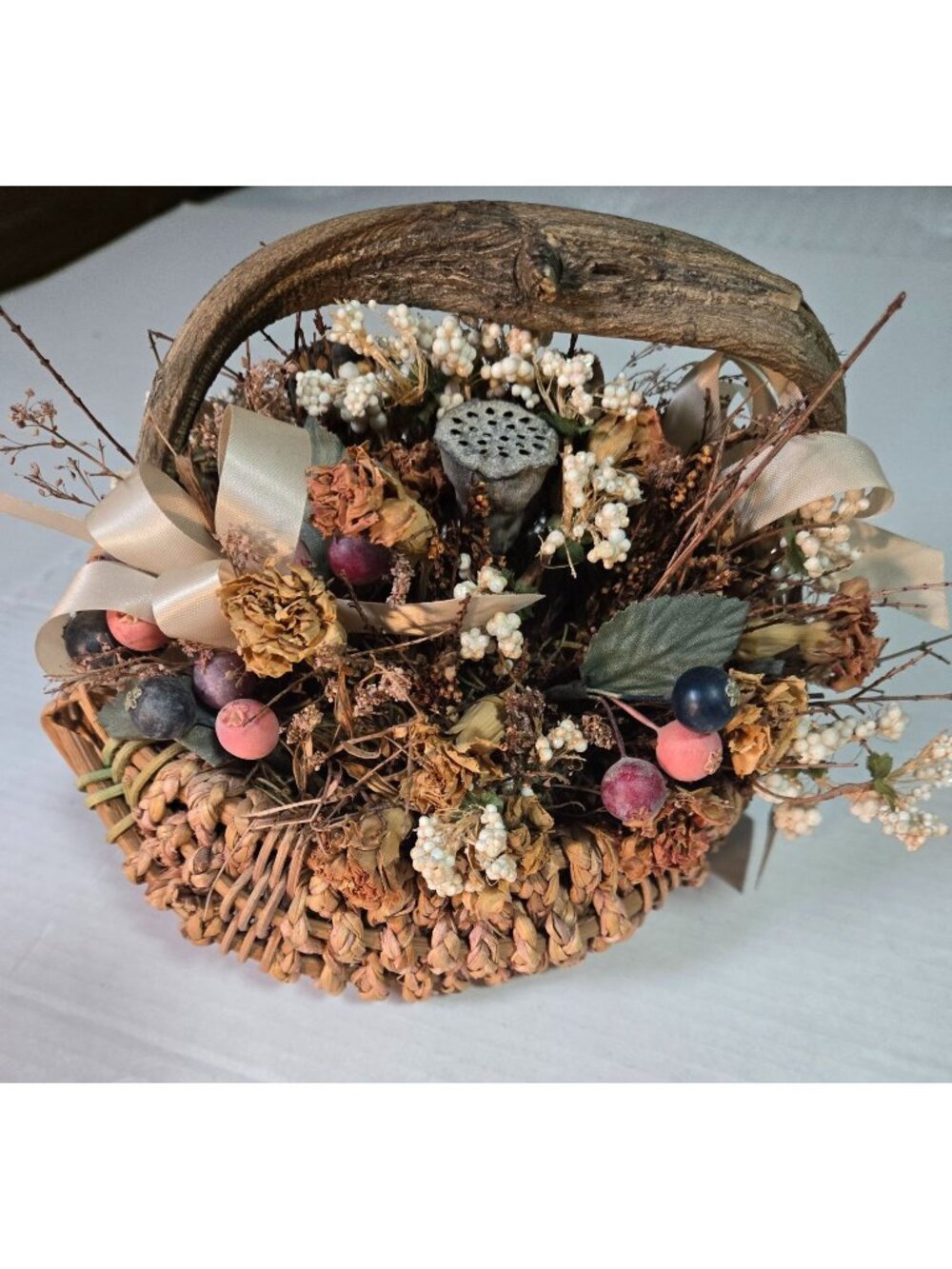 Dried Flowers in Basket with Driftwood Handle made by Hand at Eve's Floral Creat